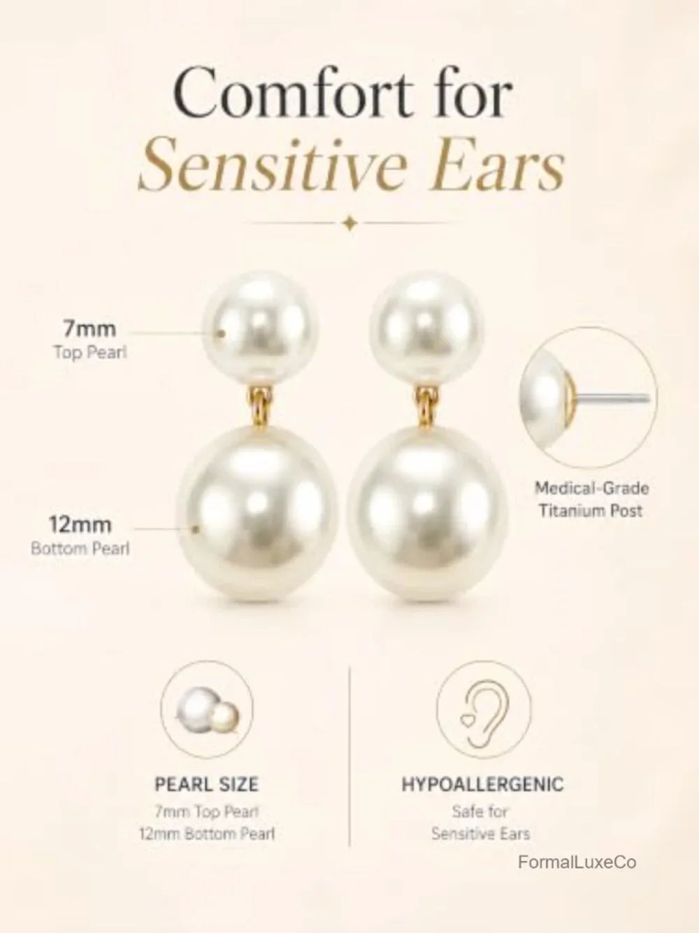 14K Gold Plated Pearl Drop Dangle Stud Earrings with Hypoallergenic Titanium